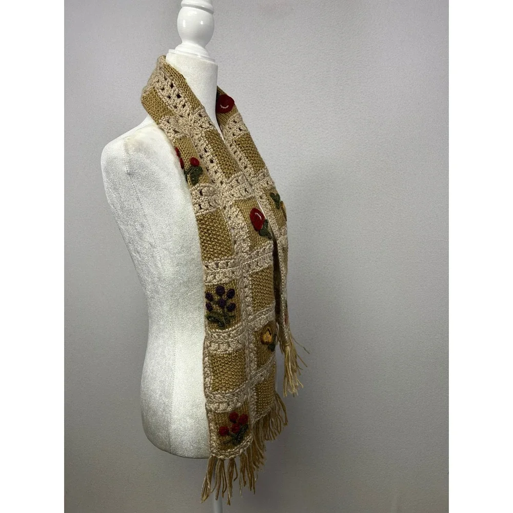 Cottagecore Handmade Women One‎ Size Tan Crochet Fruit Applique Fringe Scarf